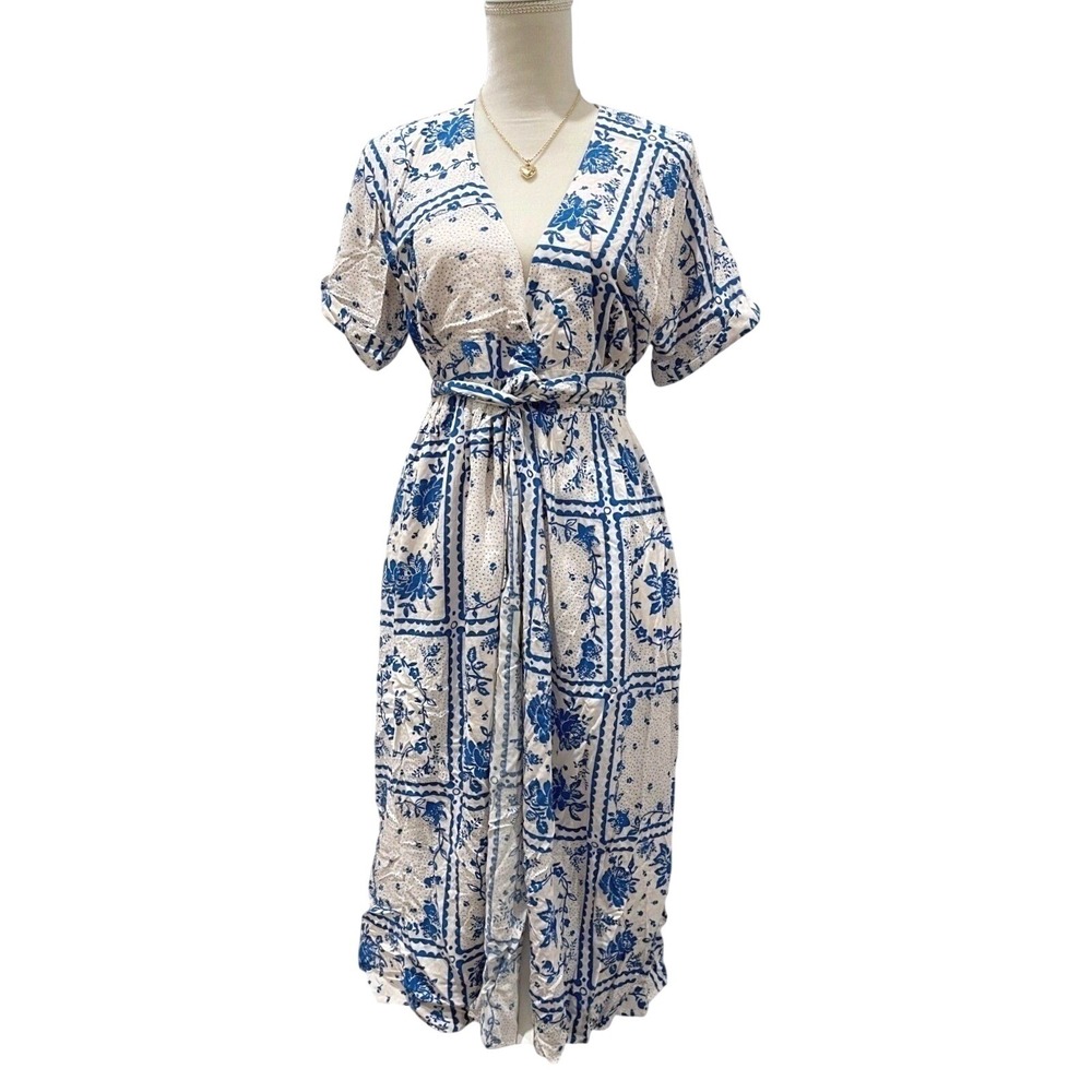 NWT Urban Outfitters Womens White Blue Motif Floral Midi Wrap Dress S Boho Flowy